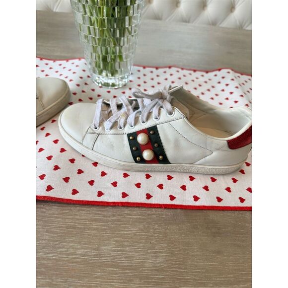 Gucci Women's Ace Studded Pearl Sneakers White Size 7.5 Athletic Shoes - Picture 7 of 14